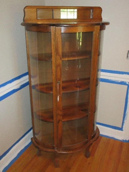 Oak Bow Front China Cabinet w/ Mirrored Back Splash, Heart Pine Shelves