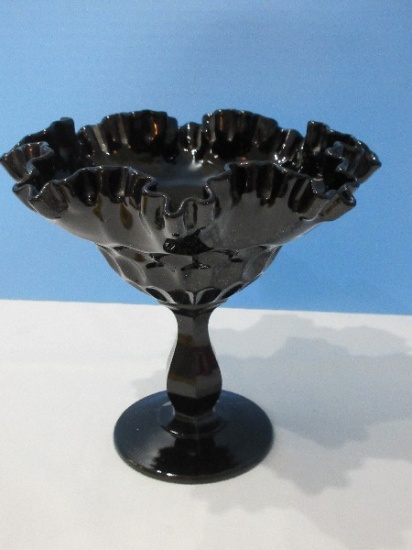 Rare Find Fenton Art Glass Black Thumbprint Pattern 7 1/4" Compote w/ Crimped Ruffled Edge