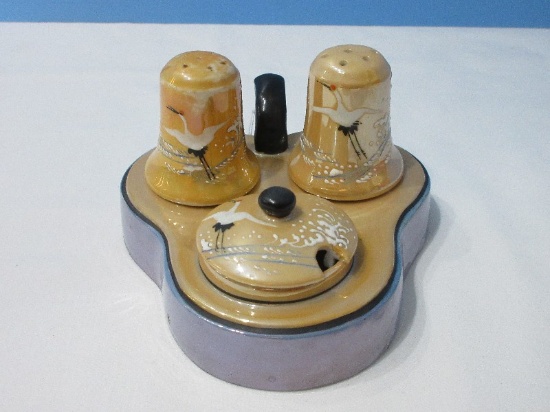 Porcelain Lustreware Condiment Set w/ Handled Tray Hand Painted Salt/Pepper Shakers