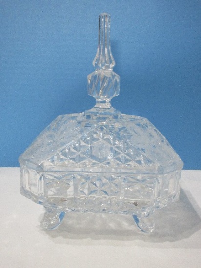 Stunning Lead Crystal Candy Dish w/ Etched Strawberry/Diamond Pattern Finial Lid