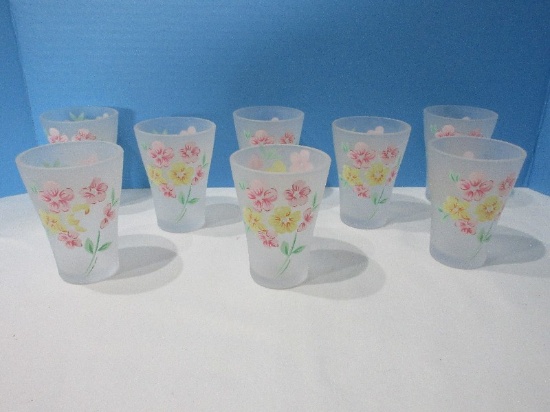Set - 8 Frosted Juice Glasses w/ Spring Bouquet Transfer Design