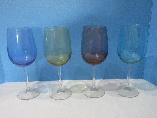 Set - 4 Gem Color Bowl to Clear Wine Stem Glasses 9 1/4"
