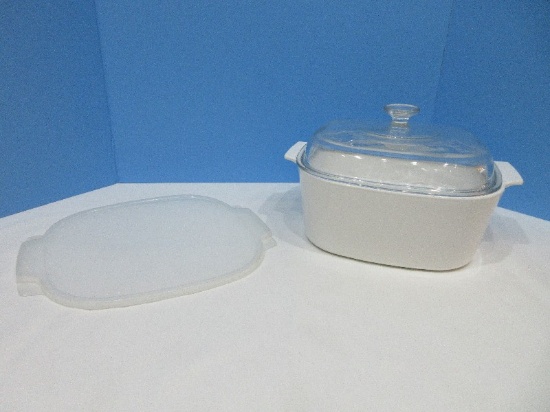 White Corningware 5 Liter Roaster Dish w/ Glass Lid & Plastic Storage Cover