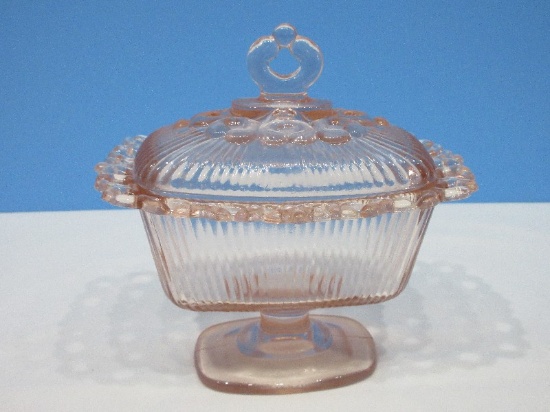 Indiana Glass Pink Lace Edge Footed Candy Box w/ Lid Ribbed Design