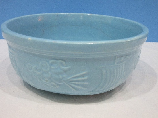 Early Pottery Bowl Old Northwind w/ Ship Pattern Robins Egg Blue Glaze
