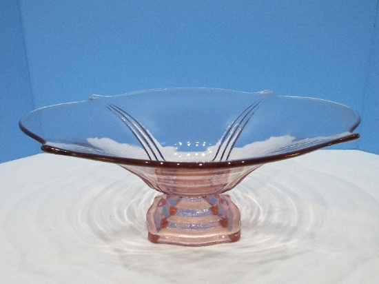 Elegant Pink Depression Glass Console Bowl on Plinth Stair Step Base