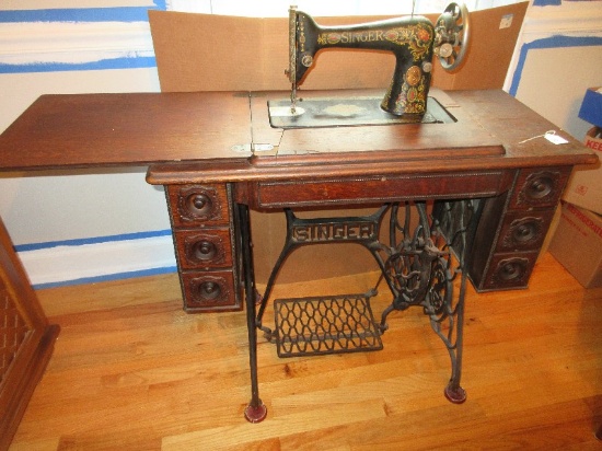 Awesome Singer Sewing Machine Red Eye Model No.66 Treadle Cast Iron Base