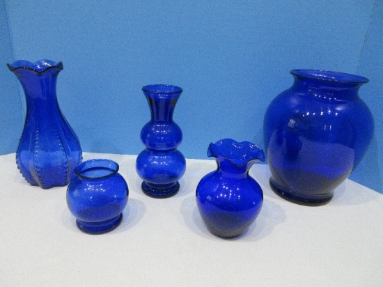 5 Cobalt Blue Glass Vases, Beaded, Bulbous & Other