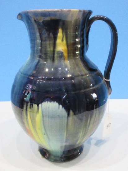 Artisan Ceramic Pitcher Cobalt, Yellow Drip Glaze