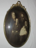 Vintage Oval Metal Frame Convex Bubble Glass w/ Ribbon Brown Accent Antique Patina