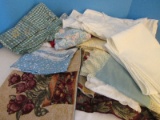 Lot - Linen/Lace Table Cloths, Rooster & Fruit Patterns Table Runners