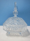 Stunning Lead Crystal Candy Dish w/ Etched Strawberry/Diamond Pattern Finial Lid