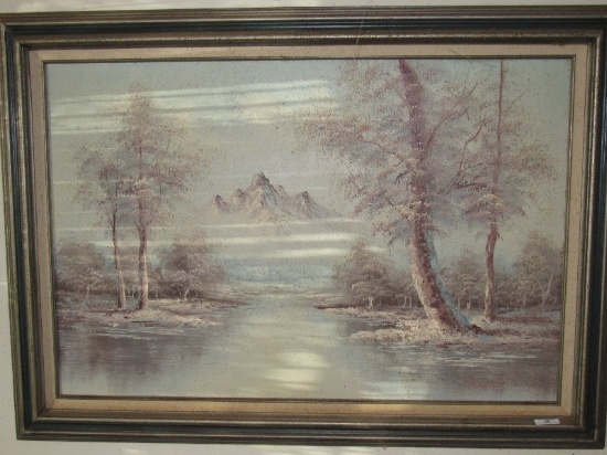 Hand Painted Mountain Lake Scene Artist Signed Keat in Antique Patina Wooden Frame/Matt