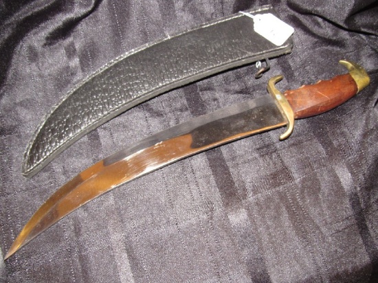 Curved Arabic Long Knife w/ Wood Handle, Brass Cap/Hilt Metal Blade w/ Sheath