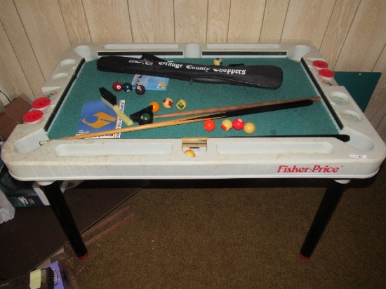 Fisher Price Child's Pool/Snooker Table w/ Balls, Sticks, Etc. on Black Plastic Legs