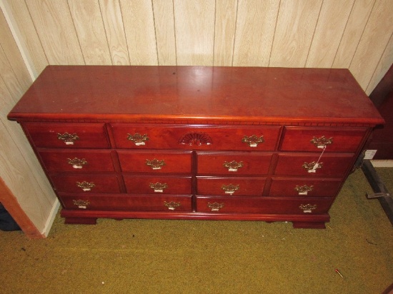 Wooden Dresser w/ Attached Mirror, 7 Drawers w/ Batwing Brass Pulls
