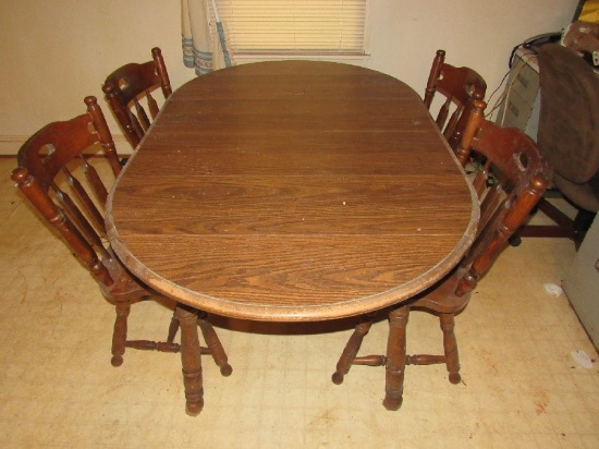 Wooden Curved Top/End Dining Table w/ Leaf, Spindle Legs w/ 4 Matching Chairs