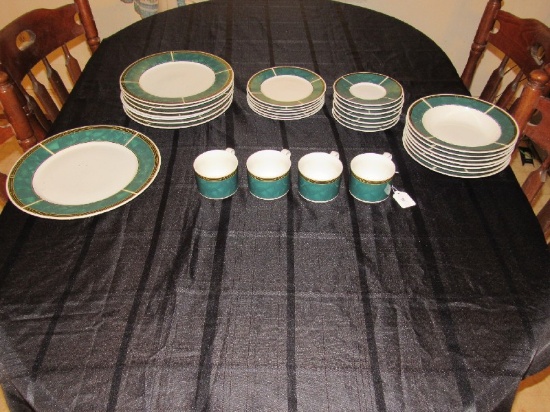 Emerald Green Band Ceramic Lot - 7 Plate 10 1/2" D, 6 Bread Plates 7 1/2" D, 7 Saucers, 4 Cups