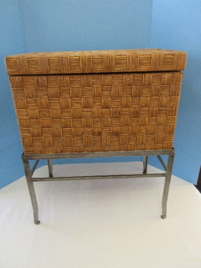 Basket Weave Pattern Chest w/ Hinged Lid on Antiqued Gray Metal Stand