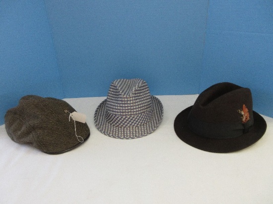 3 Men's Hats Stetson Driving Cap Size L/XL, Monaro Fine Felt Fedora Hat