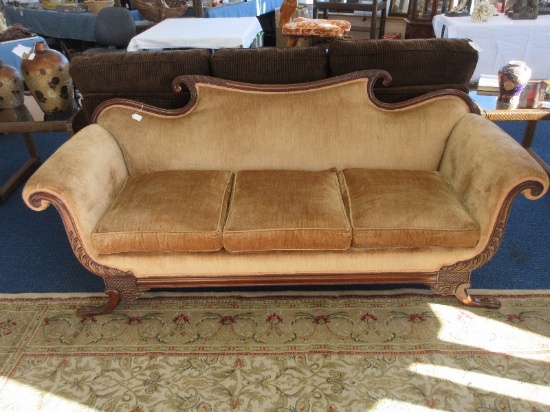 Striking Victorian Era Duncan Phyfe Style Formal Sofa Ornately Carved Mahogany Trim