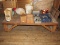 Lot - Large Wooden Push Cart, Curved/Slat Handle w/ Misc. Tools, Nails, Lights, Bucket, Etc.