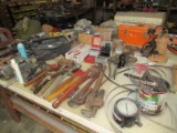 Tool Lot - Mallet, Axes, Wrench, Motor, Metal Grip, Saw, Level Finders, Etc.