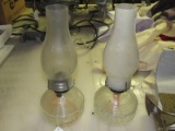 2 Vintage Clear Glass Oil Lamps Square Cut Trim w/ Hurricane Shades