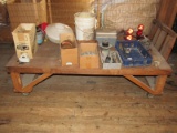 Lot - Large Wooden Push Cart, Curved/Slat Handle w/ Misc. Tools, Nails, Lights, Bucket, Etc.