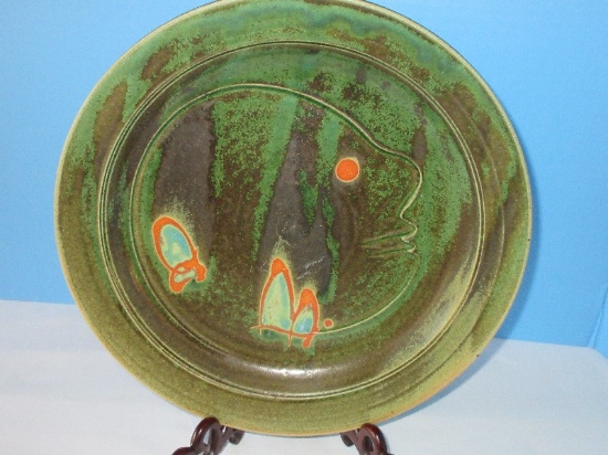 Pottery Shallow Bowl w/ Intaglio Abstract Design Vibrant Colors Accent