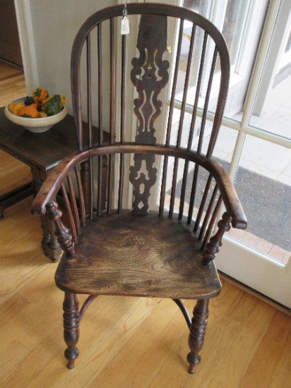 Antique Walnut Windsor Fiddleback Arm Chair Intricate Pierced Back