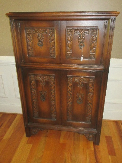 Oak Spanish Renaissance Revival Style Oak Cabinet 2 Over 2 Ornately Carved Panel Doors