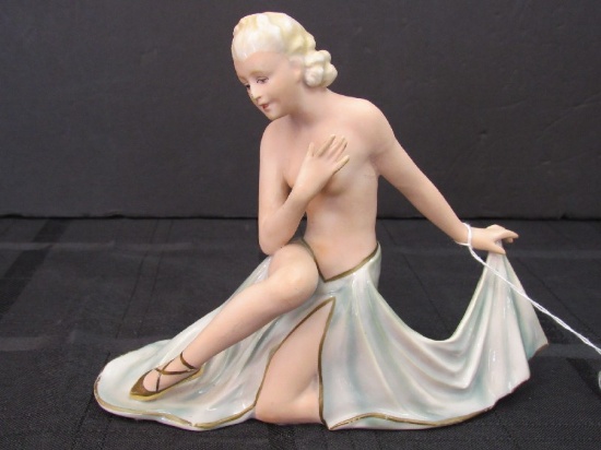 Wallendorf German Porcelain Half Nude Ballerina w/ Turquoise Dress Figurine w/ Gilt Trim