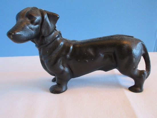 Figural Cast Iron Dachshund Winnie Dog Coin Bank