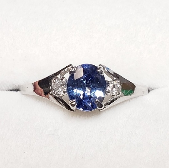 10K White Gold Ceylon Sapphire 0.85ct Flanked by 2 Diamonds 0.04ct Ring