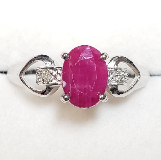 10K White Gold Burma Ruby 1.3ct Flanked by 6 Diamonds 0.03ct Ring