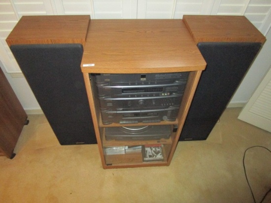 Wooden Player Cabinet Glass Front w/ Sharp 5 Disc. CD Player & 2 Tall 37" H Speakers & CD's
