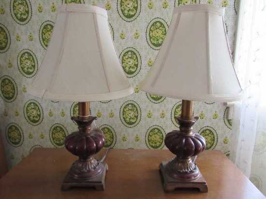 Pair - Antique Patina Scallop/Acanthus Body Desk Lamps w/ White Shades