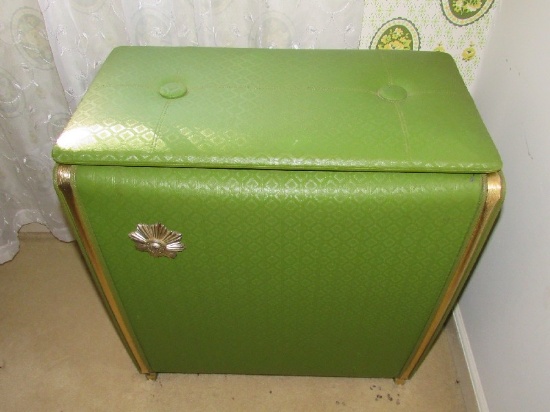 Vintage Green Hamper Wicker Back, Metal Sides, Upholstered Front