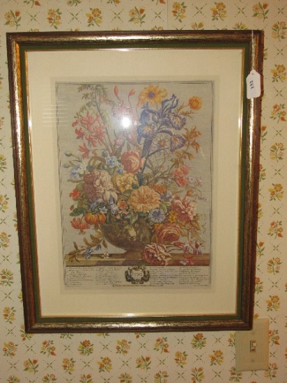 "June" Bouquet in Vase Picture Print in Antique Gilted Wooden Frame/Matt