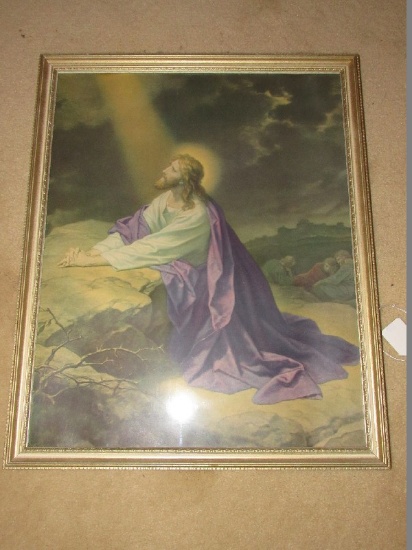 Jesus Praying Religious Picture Print in Gilted Wooden Frame/Matt