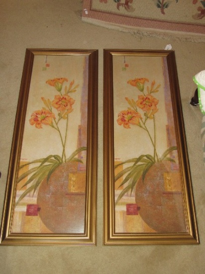 Pair - Matching Orange Flower Picture Prints in Gilted Wooden Frames/Matt