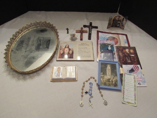 Religious Lot - Jesus On Cross, Padre Figure, Shelf Décor on Mirrored Stand, Etc.
