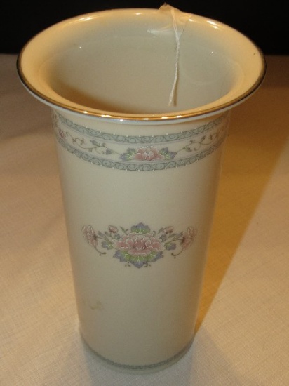 Tall Lenox Charleston Porcelain Vase Fluted Rim Pink Floral Center w/ Scroll Blue Band Rim
