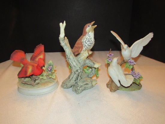 3 Ceramic Figurines Double White Doves by Andrea 7911, Wood Thrust by Andrea 8405