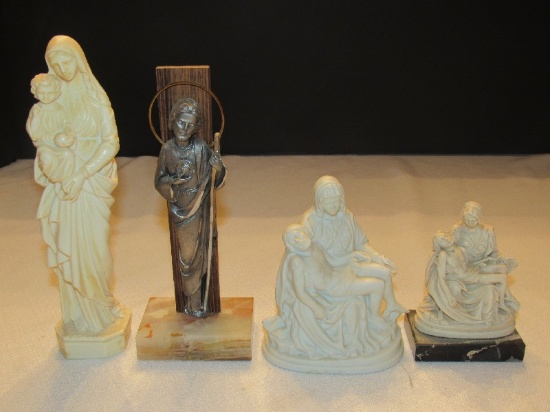 Lot - Pieta Miniature Figurine, Metal Jesus on Marble Base, Mary & Child Figurine