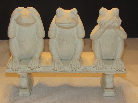 See/Speak/Hear No Evil Ceramic Frogs on Bench