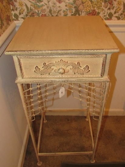 Chic-Shic Tall Side Table w/ 1 Drawer Antique Design Tin Legs w/ Wicker-Design Skirting
