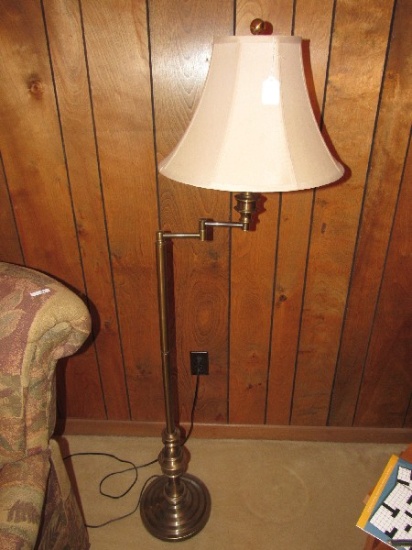 Tall Hinge-Handle Brass Torchiere Lamp w/ Shade, Spindle Body, Ball Top