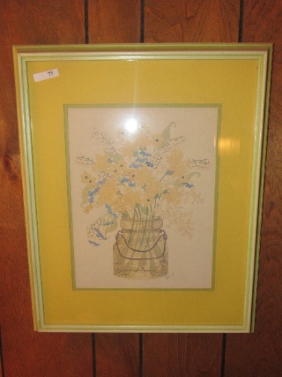 Yellow Flowers in Vase Picture Print by Yoney in Green Wood Frame/Matt